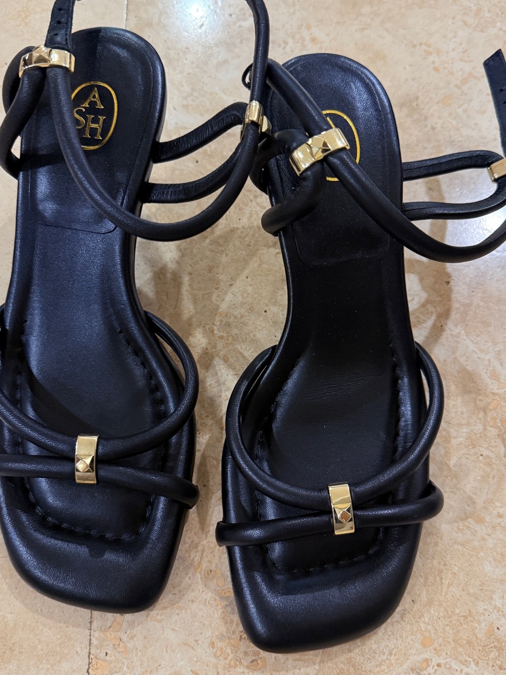 Ash black leather sandals with gold accents #heels #luxury